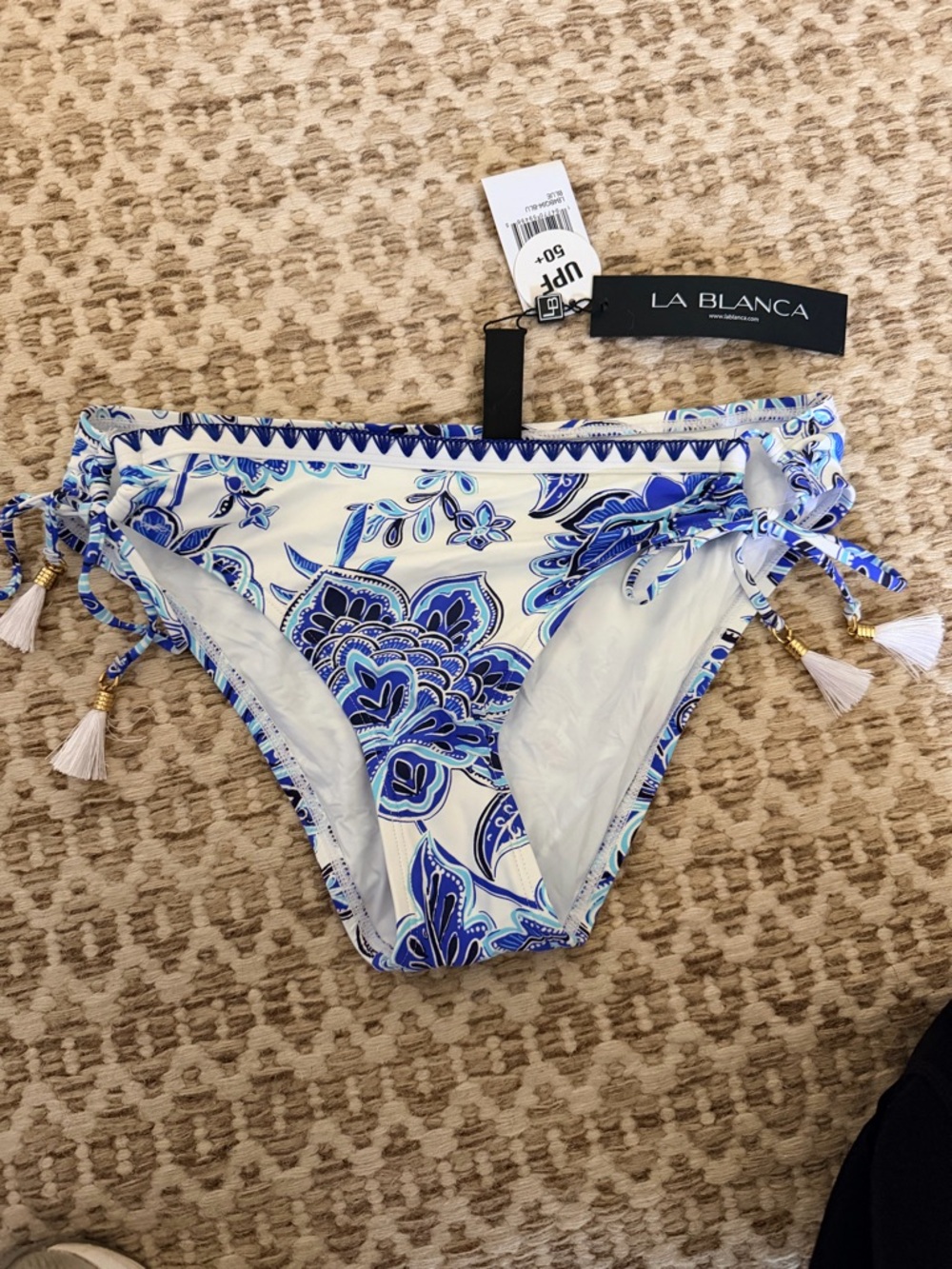 La Blanca White and Blue Paisley Side-Tie Bikini Bottoms